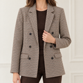 Women's houndstooth blazer coat in brown check, worn open over a brown top