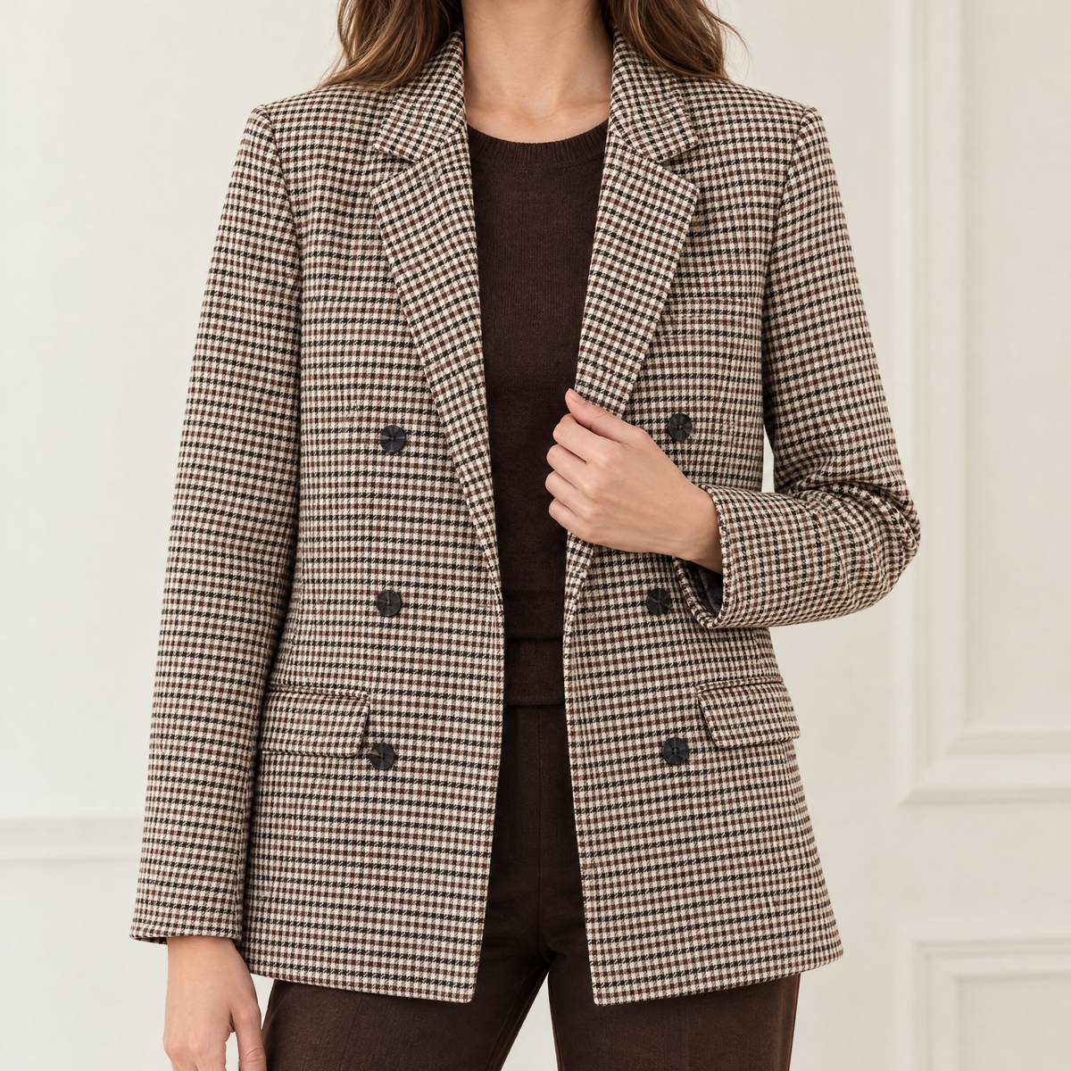 Women's houndstooth blazer coat in brown check, worn open over a brown top