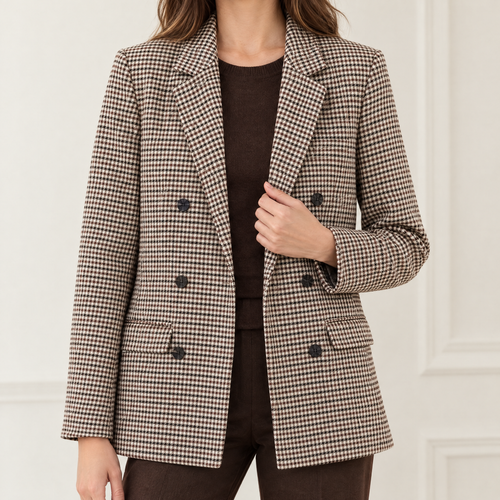 Women's houndstooth blazer coat in brown check, worn open over a brown top