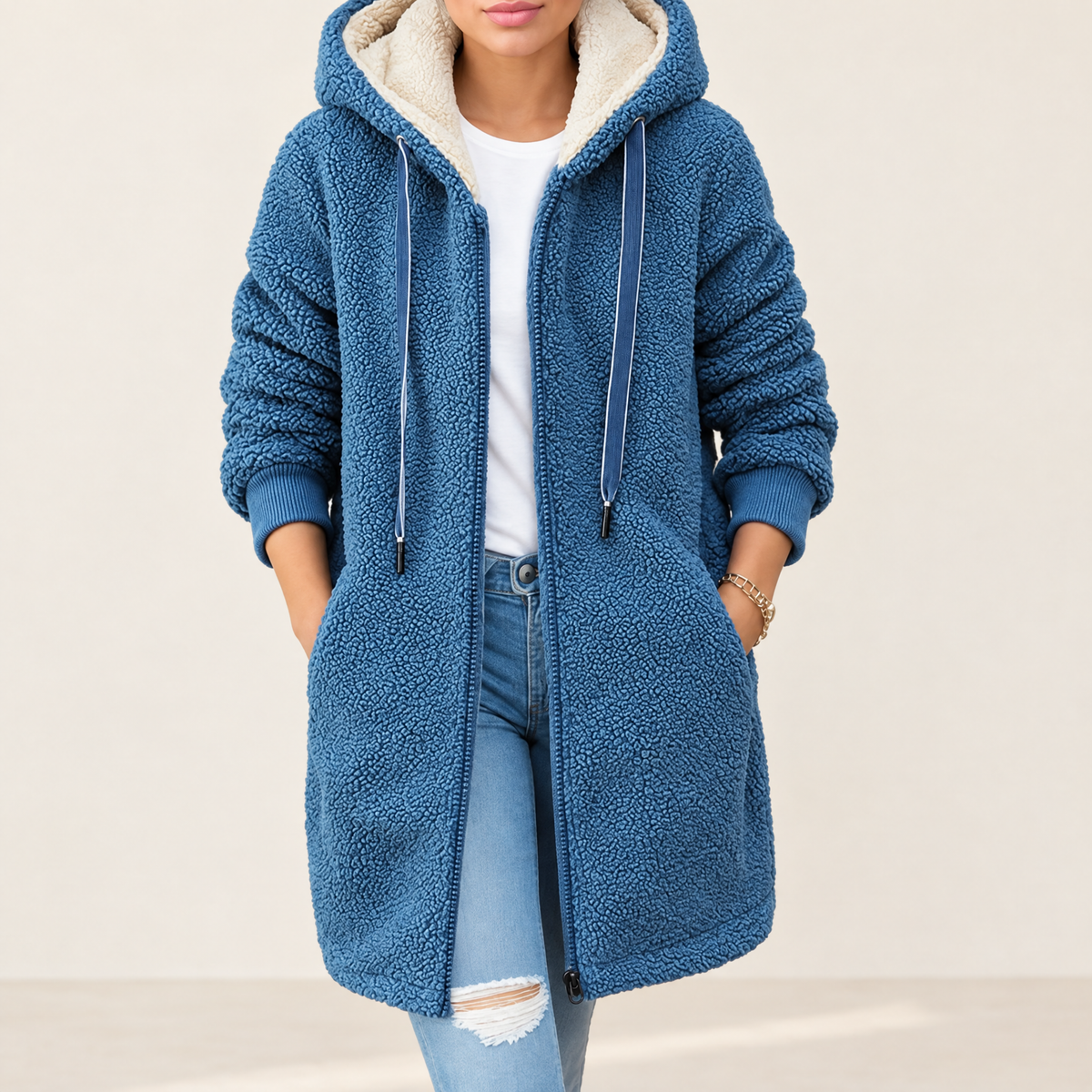 Women's longline sherpa hooded jacket in blue, worn open over a white top