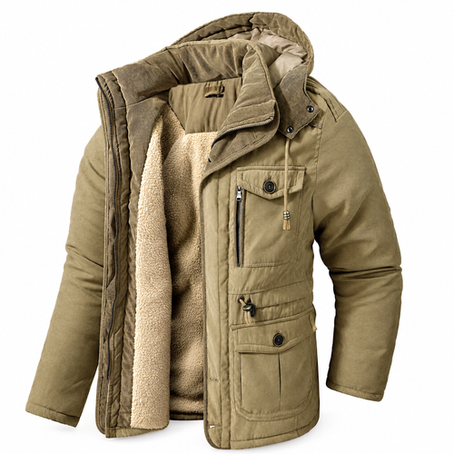 Men's fleece-lined winter parka with hood in khaki