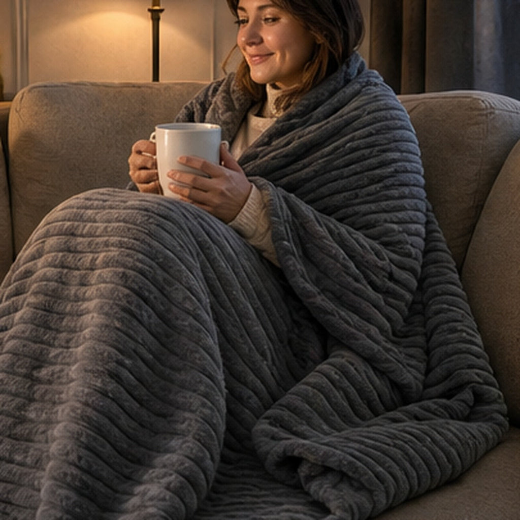 Koc polarowy szary na kanapie