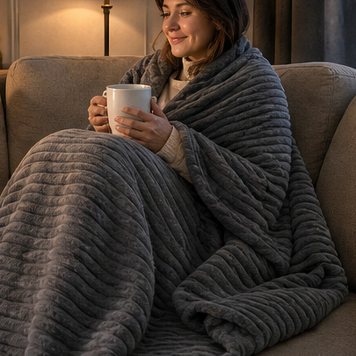 Koc polarowy szary na kanapie
