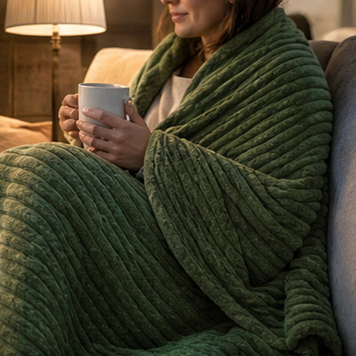 Koc polarowy zielony na kanapie
